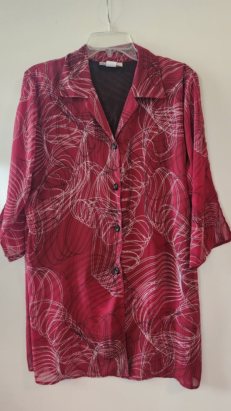 Dressbarn Woman Abstract Scribble Blouse Top Red Sheer Button Front 14/16 #244